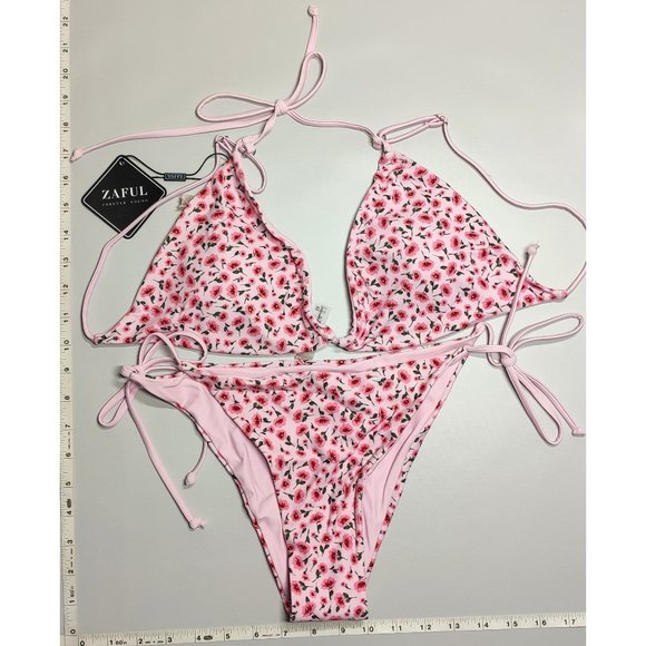 NWT ZAFUL Large Triangle Ditsy Print Tie String Pink Bikini Set - Picture 1 of 6